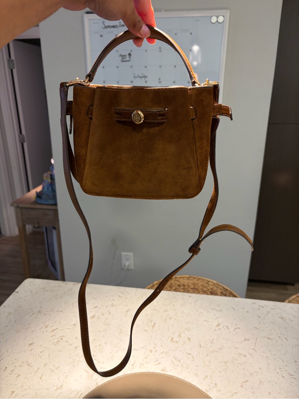 Tory Burch Suede Crossbody Bag in Brown with Gold-Tone Accent - Picture 5 of 6